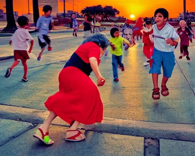 Image similar to Hispanic Granny In A Red MuMu Throwing A Slide Sandal At A Bunch Of Kids Running Away From Her, Anime Style, Manga Style, 8K, HDR, San Antonio Texas Cityscape Sunset, HDR, volumetric lighting, Hyperrealistic-H 960