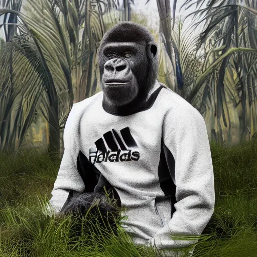 Prompt: 80 mm photo of a gorilla in an adidas track suit