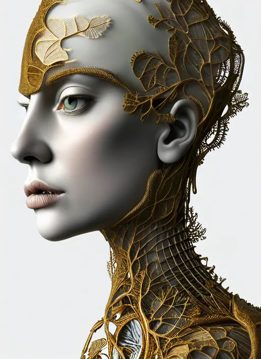 Prompt: complex 3d render ultra detailed of a beautiful porcelain profile woman face, mechanical vegetal cyborg, 150 mm, beautiful natural soft light, rim light, silver gold details, magnolia big leaves and stems, roots, fine foliage lace, mesh wire, Alexander Mcqueen haute couture, lady Gaga style, intricate details, hyperrealistic, mandelbrot fractal, anatomical, red lips, silver metal armor, facial muscles, cable wires, microchip, elegant, white background, octane render, H.R. Giger style, 8k