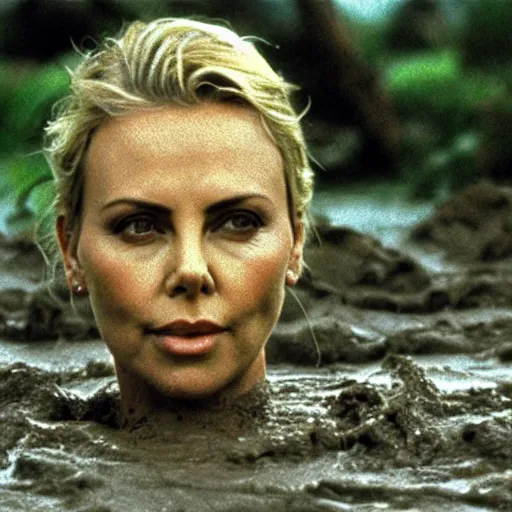 Prompt: film still, close up, charlize theron rising out of muddy vietnam river, face covered in mud, low camera angle at water level, night time, film still from apocalypse now ( 1 9 7 9 ), 2 6 mm.