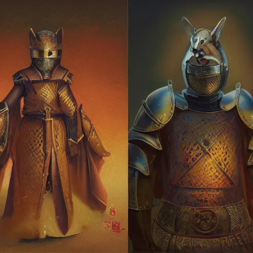 Prompt: anthropomorphic shiba inu, holy knight armor, in medieval banquet, stuning fantasy 3 d render, masterpiece, glowing aura, by donato giancola and greg rutkowski and wayne barlow and zdzisław beksinski, realistic face