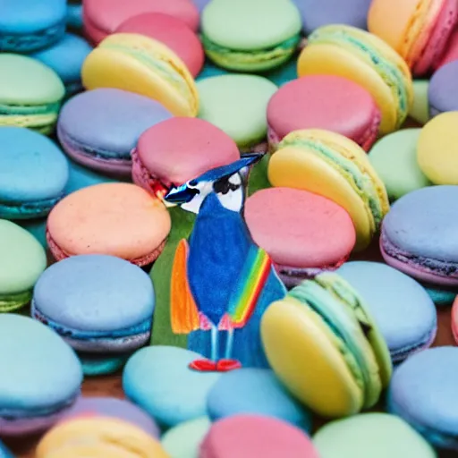 Image similar to A blue jay standing on a large basket of rainbow macarons.