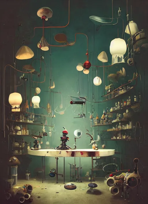 Image similar to a lively and whimsical dark apothecary, cinematic framing, where chrome robots shop grows from the stalk of a giant mushroom, cgsociety, siggraph, dystopian scifi, concept art, set design, oleg oprisco, conrad roset, anka zhuravleva, gediminas pranckevicius