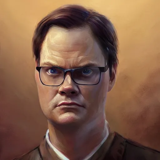 Image similar to hyper realistic, portrait of dwight schrute painted by greg rutkowski, wlop, loish,