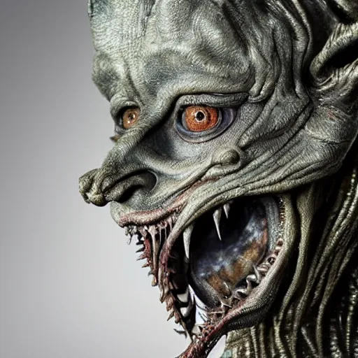 Image similar to photo taken of an epic intricate, ultra detailed, super realistic gritty, terrifying, lifelike sculpture of a nightmarish siren creature design created by weta workshop, zoomed in shots, photorealistic, sharp focus, white wall coloured workshop, cold colour temperture, f 0. 4, face centred