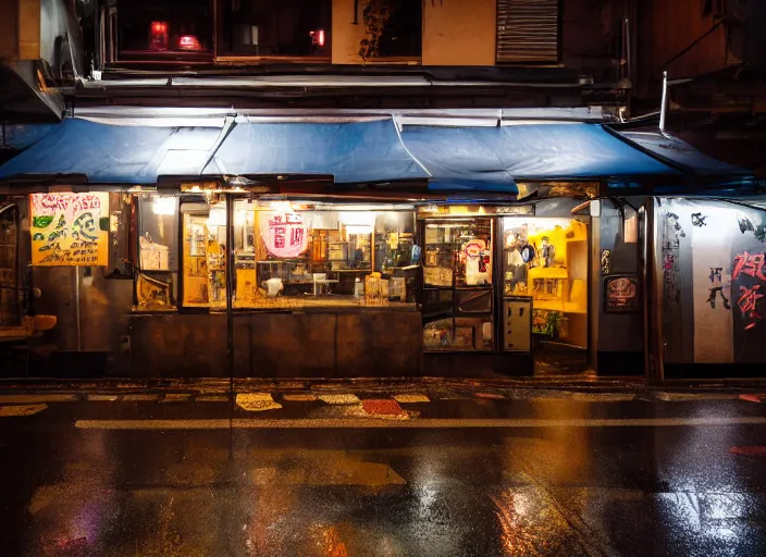 Prompt: exterior of an open cyberpunk ramen place during a rainy night in the style of salvadore dali