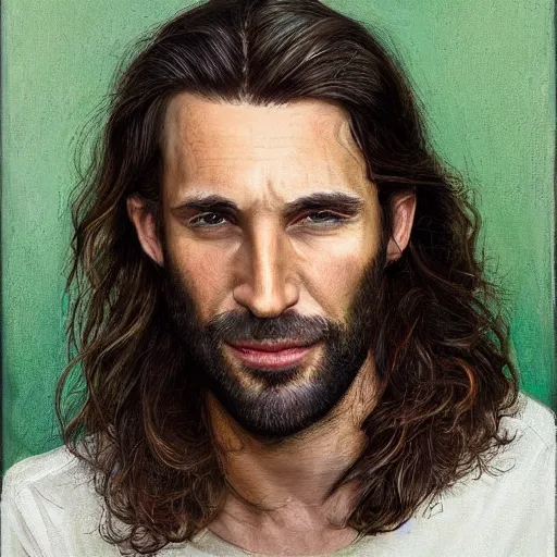 Image similar to portrait of a handsome man of 3 9 years old, green eyes, light brown, good looking, wide round nose, mid long hair by david rutkowski, by artgem