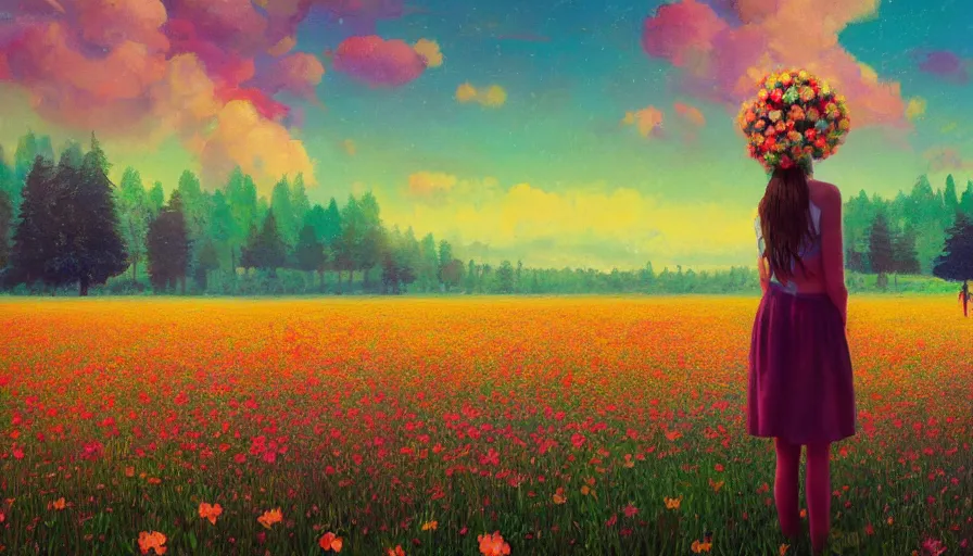 Prompt: girl with a giagantic flower as a face, surreal photography, dream, standing in flower field, hills, big trees, sunrise dramatic light, impressionist painting, colorful clouds, digital painting, pointillism, artstation, simon stalenhag, flower face