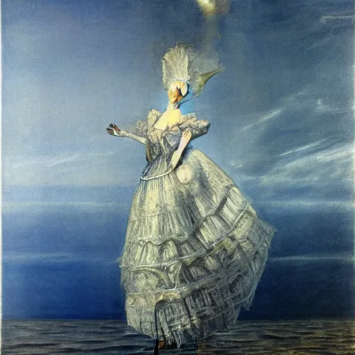 Image similar to Marie Antoinette levitating over the sea. El Greco, Remedios Varo, Salvador Dali, Carl Gustav Carus, John Atkinson Grimshaw. Blue tint. Symetrical, logo, geometric shapes.