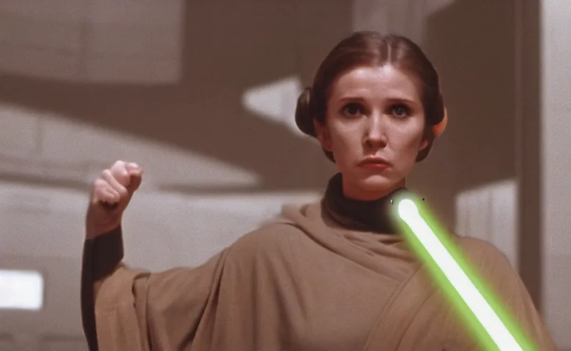 Image similar to screenshot portrait Leia training to use a yellow lightsaber at a new Jedi Temple scene from The Force Awkakens, 1970s film by Stanley Kubrick, serene, iconic scene, stunning cinematography, hyper detailed, sharp, anamorphic lenses, kodak color film, 4k