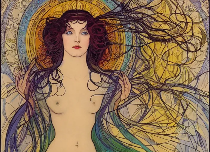 Image similar to The Goddess of Life and Creation, beautiful eyes, symmetrical face, paint, ink, palettes, spectrum, in the style of Joshua Middleton, Mucha, Kandinsky