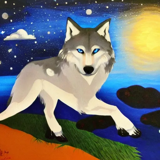 Image similar to wolf okami!!!!!!! resting under a sky full of stars, by a deep!! river, calm, acrylic on canvas, okami, okami, okami, okami, okami, okami