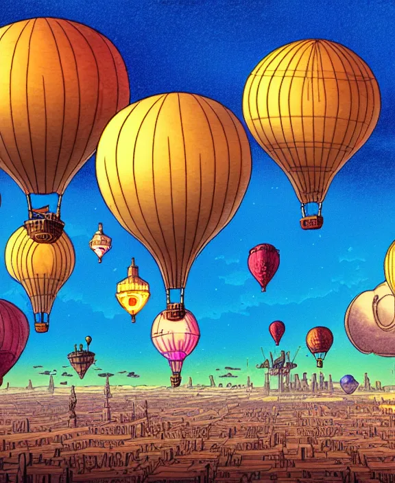 Image similar to a flying steampunk city with hot air balloons in the middle of a cloudy sky, light beams, sunset lighting, color cartoon drawing, in the style of jean giraud moebius