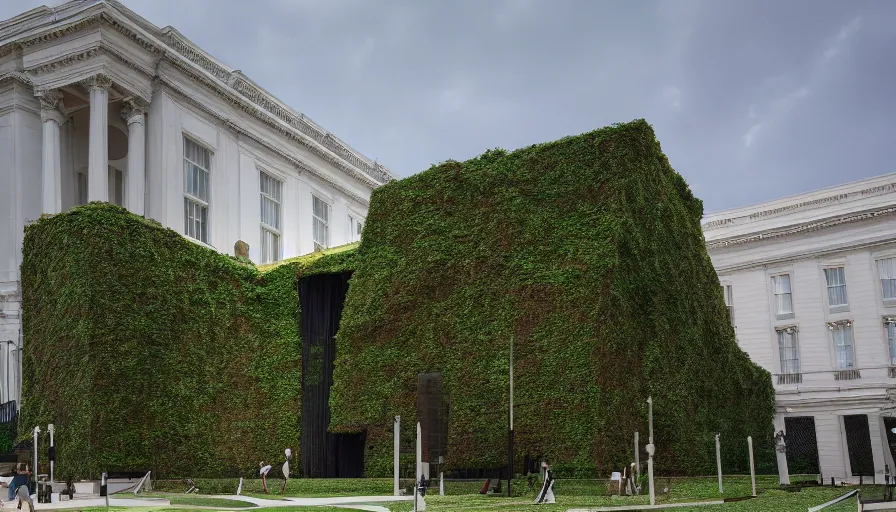 Image similar to collapses national portrait gallery in washington dc covered by vegetation, sunny day, hyperdetailed, artstation, cgsociety, 8 k