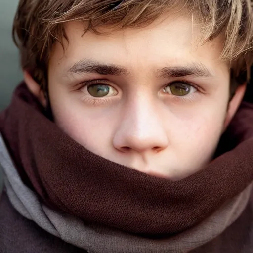 Image similar to a closeup portrait of a boy with brown hair and brown eyes. Extremely clear and high quality eyes with reflection in this, realistic face and details, clear lips and high quality