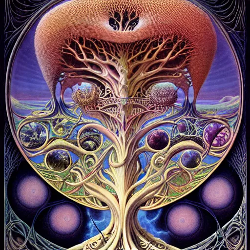 Image similar to divine chaos engine by roger dean and andrew ferez, tree of life, symbolist, visionary, art forms of nature by ernst haeckel, art nouveau botanical fractal structures, surreality, detailed, realistic,