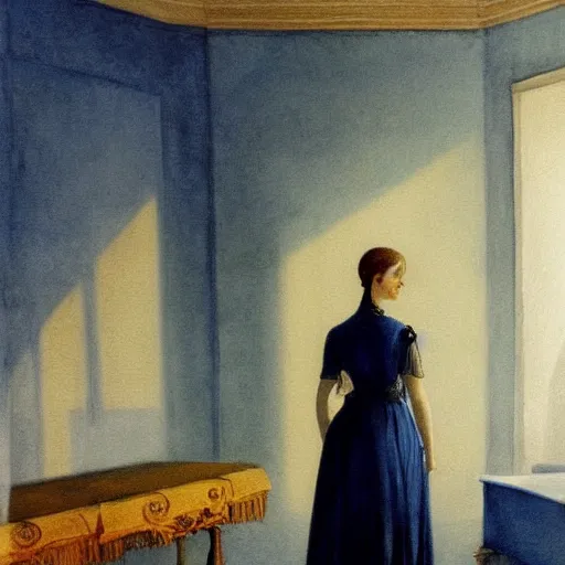 Image similar to close up of a girl in a blue and gold haunted liminal abandoned room, watercolor by canova, by hammershøi, art noveau, highly detailed, lights by edward hopper, liminal, eerie, bright pastel colors