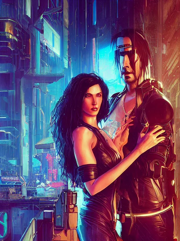 Image similar to a cyberpunk 2077 couple portrait of Keanu Reeves&female android in final kiss,love,film lighting,by Laurie Greasley,Lawrence Alma-Tadema,Dan Mumford,artstation,deviantart,FAN ART,full of color,Digital painting,face enhance,highly detailed,8K,octane,golden ratio,cinematic lighting