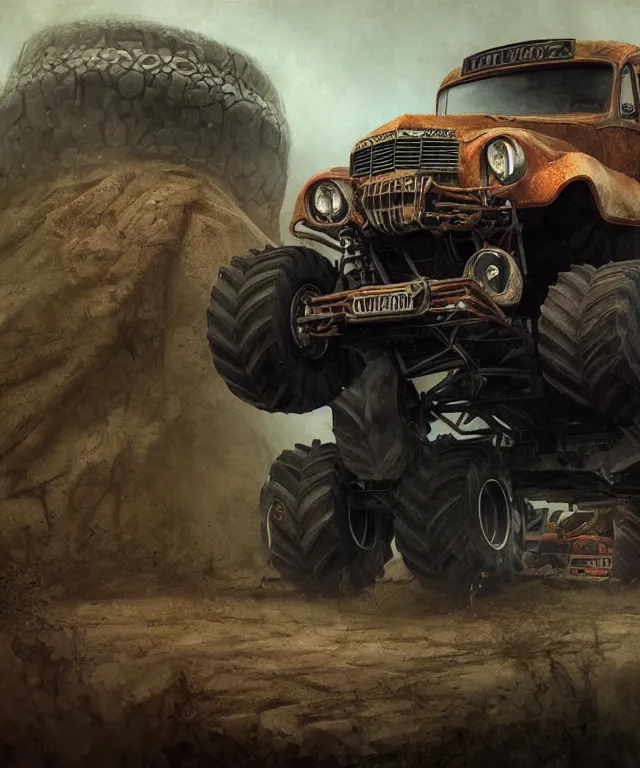 Prompt: danny trejo, cinematic, driving monster truck grave digger, elegant, highly detailed, digital painting, artstation, smooth, hard focus, illustration, art by jessica rossier and and brian froud