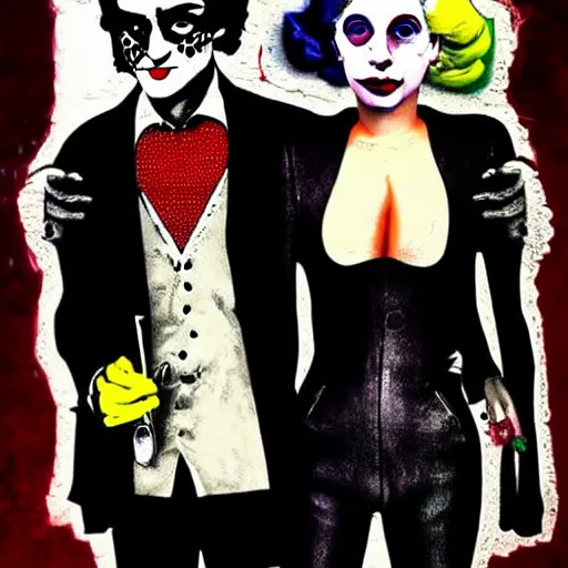 Image similar to mimmo rottela and banksy as joaquin phoenix skinny joker holding hand lady gaga harley queen, ultra photorealistic, intricate details, pop art style, baroque, hyperdetailed, concept art, ultrarealistic, 3 colors, smooth, sharp focus