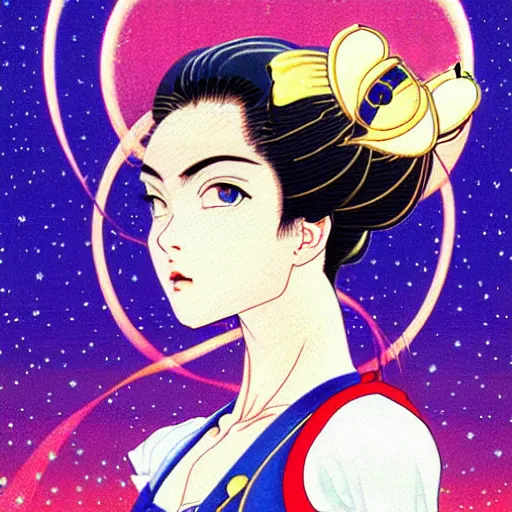Prompt: perfectly centred realistic portrait of evgenia medvedeva as sailor moon, early morning, close - up shot, light falling on face, futuristic, highly detailed, 8 0 - s style poster, sharp focus, illustration, art by kawase hasui,
