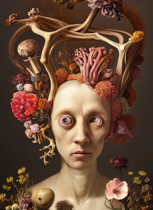 Prompt: strange, looming head, biomorphic painting of a woman with large eyes, wearing a crown of flowers and bones, deep rich colours by, rachel ruysch, and charlie immer, highly detailed, emotionally evoking, head in focus, volumetric lighting, oil painting, timeless disturbing masterpiece