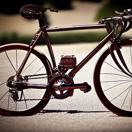 Prompt: modern road bicycle made of chocolate, melting in the sun, high detail sports photography