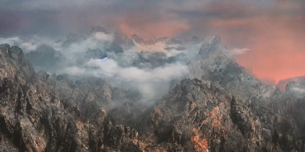 Image similar to 1 9 2 0 s color spirit photography 0 9 9 9 2 9 9 of alpine sunrise in the dolomites, red lit mountains, fog, by william hope, beautiful, dreamy, grainy