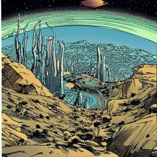 Prompt: a sci - fi desert, by moebius, as an european 8 0's comic