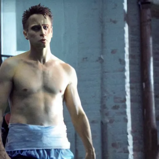 Image similar to Live Action Still of Jerma in Fight Club, real life, hyperrealistic, ultra realistic, realistic, highly detailed, epic, HD quality, 8k resolution, body and headshot, film still