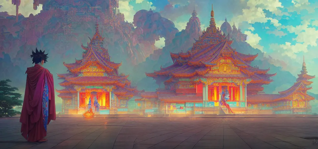 Prompt: a buddhist temple, netrunner accents, vaporwave aesthetic, colorful, psychedelic, digital painting, artstation, concept art, smooth, sharp focus, illustration, art by artgerm and greg rutkowski and alphonse mucha