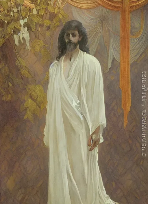 Image similar to an oil painting of a tall person in flowing white robes standing in a hazy, gloomy, dark room, art nouveau in the style of john singer sargent, greg rutkowski, maxfield parrish and alphonse mucha