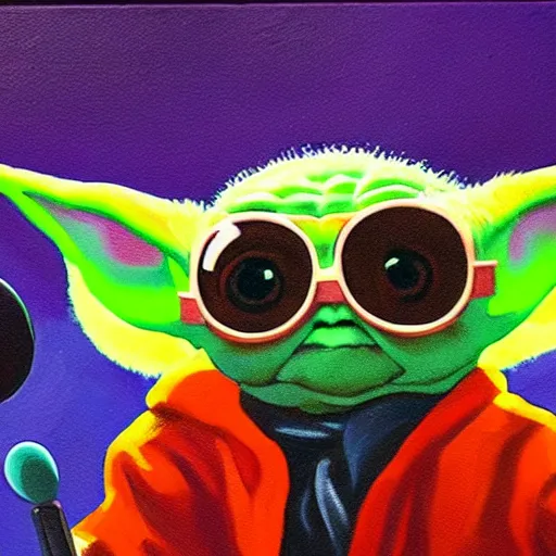 a painting of baby yoda wearing sunglasses holding a Stable Diffusion