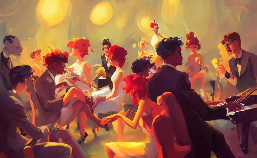 Image similar to the enchanted jazz band party with musicians and a glamorous female singer, behance hd artstation by jesper ejsing, by rhads, makoto shinkai and lois van baarle, ilya kuvshinov, ossdraws