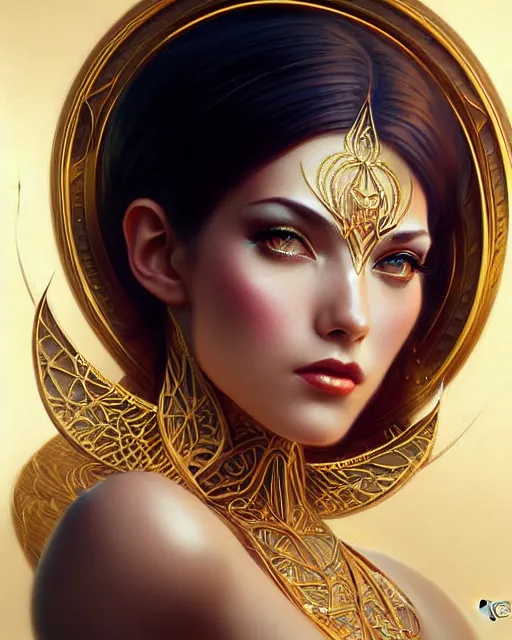Image similar to Beautiful and playful ethereal singer portrait, art deco, fantasy, intricate art deco golden designs, elegant, highly detailed, sharp focus, art by Artgerm and Greg Rutkowski and WLOP