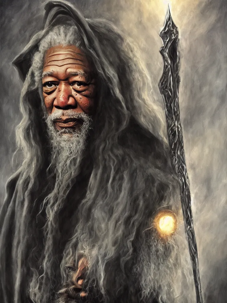 Image similar to morgan freeman starring as gandalf in lord of the rings, epic dark fantasy horror stylized oil painting by ivan shiskin. trending on artstation