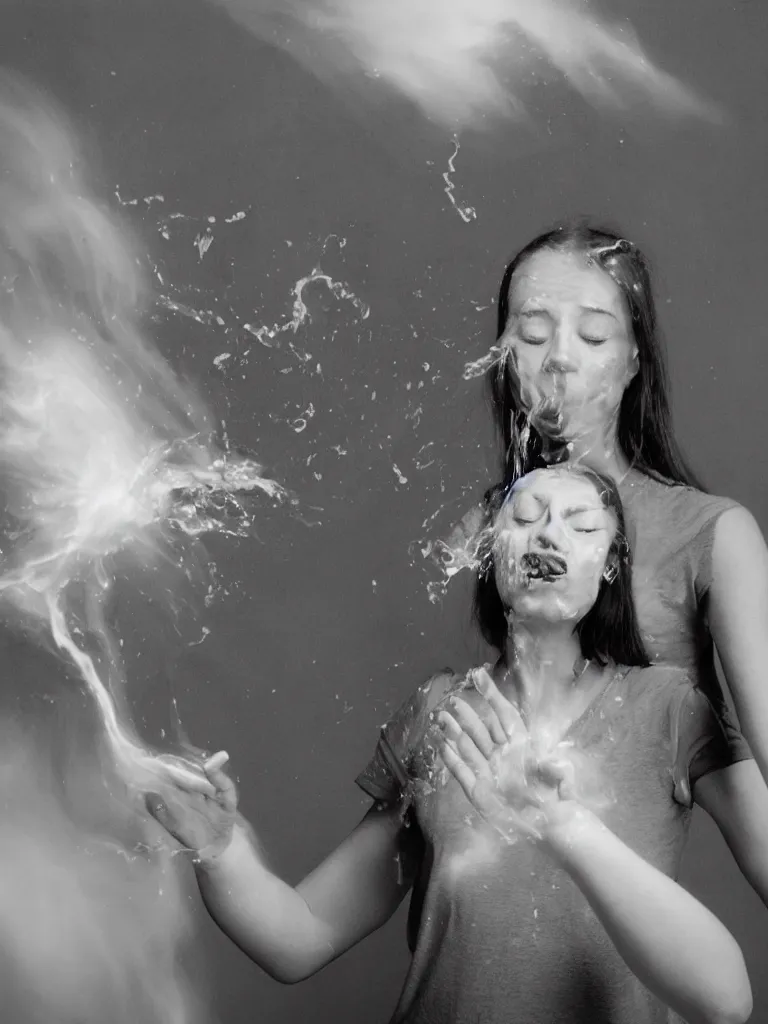 Prompt: analog photographic portrait with 5 0 mm lens and f / 1 2. 0 of a scared 3 0 - year - old woman and an alien man with eyes closed and spurting from the mouth a white viscous fluid floating in the air, some worms and insects in the air. with a slight variation of light in the liquid and gesture.