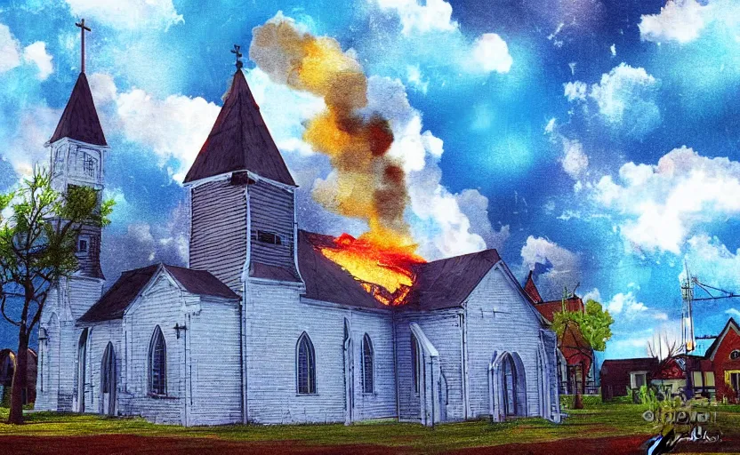 Prompt: a church exploding into flames, blue sky with clouds, digital art