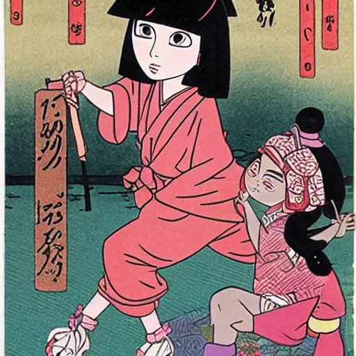 Image similar to real girl dora the explorer and boot the monkey ukiyo-e highly detailed