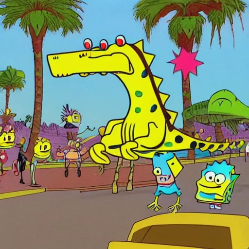 Image similar to spongebob squarepants riding a dinosaur, 7 0 s cartoon