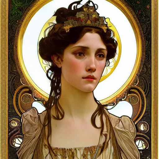 Prompt: realistic detailed face portrait of a beautiful Renaissance princess by Alphonse Mucha, Greg Hildebrandt, and Mark Brooks, gilded details, spirals, Neo-Gothic, gothic, Art Nouveau, ornate medieval religious icon