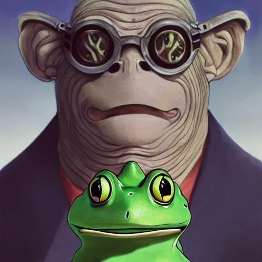 Image similar to A portrait of a wizard but his head is a frog', painted by Studio Ghibli, 4k, traditional art, trending on deviantart, highly detailed, full body shot, wide depth of field, professional lighting, airbrush