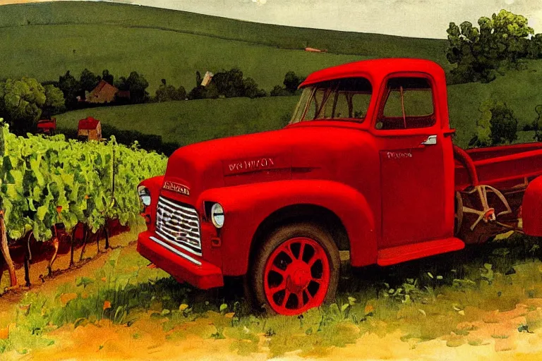 Image similar to painting of a vintage red truck in a vineyard by winslow homer