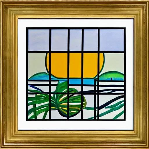 Prompt: a framed painting of a beautiful piet mondrian tropical landscape