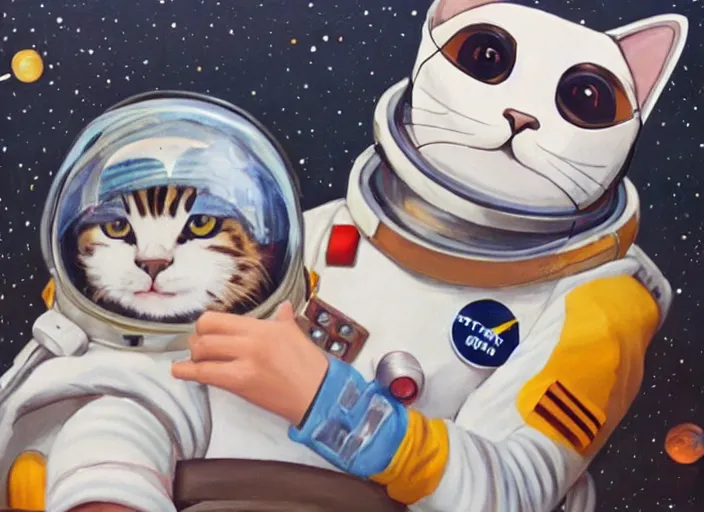 Image similar to painting of a cat dressed as an astronaut with helmet, cute, calico, stars, galaxies, planets, moons, space walk, overwatch, winston, stuido ghibli, kotaro mori