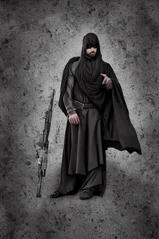 Prompt: detailed conceptual photography / bruce wayne wear taliban suit / with sandals / dramatically / detailed character / intricate / sharp focus / smooth / rendered / center of interest