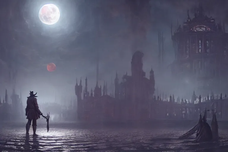 Prompt: an ultra matte painting of a big daddy in the style of bloodborne, concept art by alphonse mucha and greg rutkowski, scary shadows, blood moon eclipse, octane render, liminal space