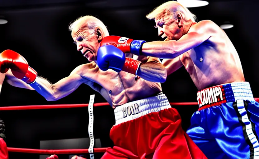 Image similar to boxing match between donald trump vs joe biden, stage lighting, award winning photo