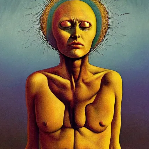 Image similar to the queen of the sun in the style of zdzisław beksiński and h.r. giger, oil on canvas, full body, open wide chest, intricately detailed artwork, full 8k high quality resolution, recently just found unknown masterpiece, renaissance painting, photorealism, 8k high detail, Sigma 85 mm f 1.4, Studio Light, Studio Ghibli, jacek yerka, alex gray, zdzisław beksiński, dariusz zawadzki, jeffrey smith and h.r. giger, oil on canvas, 8k highly professionally detailed, trending on artstation, her hair is thick and smooth, she is beautiful showing her true form, zdzisław beksiński and h.r. giger,zdzisław beksiński and h.r. giger,zdzisław beksiński and h.r. giger,zdzisław beksiński and h.r. giger, jeffrey smith, jeffrey smith, jeffrey smith, jeffrey smith, jeffrey smith, jeffrey smith, jeffrey smith, jeffrey smith, jeffrey smith, jeffrey smith