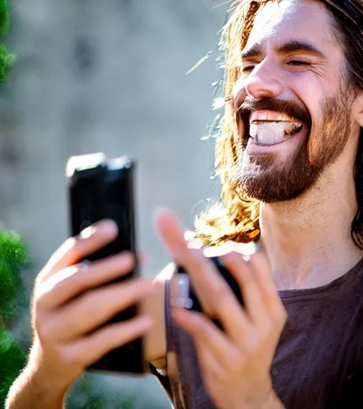 Image similar to Jesus taking a selfie. He is laughing. Professional photo